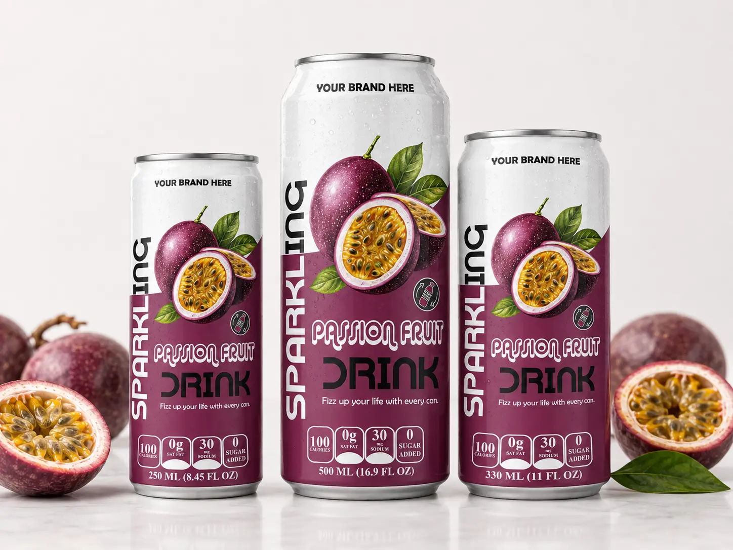 SPARKLING DRINK Passion Fruit Flavored Drink in 275ml, 500ml, and 330ml cans.